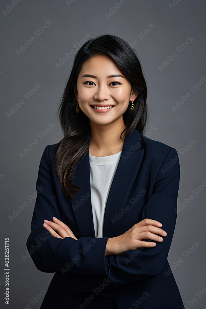 A beautiful smiling asian saleswoman , with arms folded , Holding MacBook,a dark blue suit, a smile on her face, light gray background A beautiful smiling asian saleswoman , with arms folded , Holding MacBook,a dark blue suit, a smile on her face, light gray background