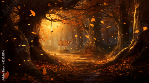 enchanting autumn forest  fairytale creatures. big tree   leaves 