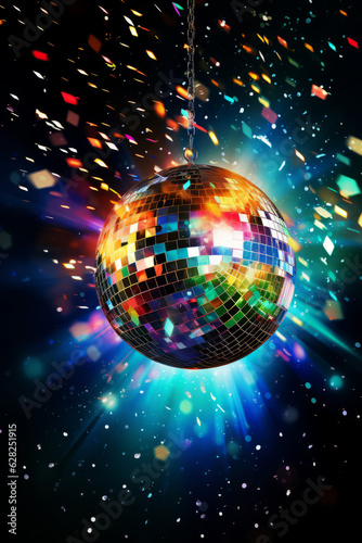 Brightly colored mirror disco ball background. Nightclub party poster