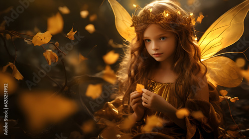 enchanting autumn forest, fairytale creatures. big tree , leaves,girl