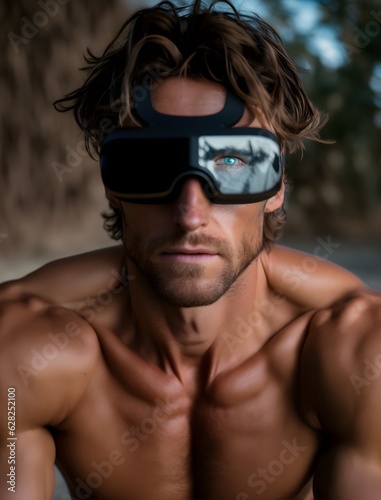 Portrait of Attractive cool sporty Young man with beard using virtual reality headset