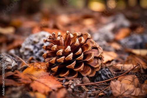 Illustration of a detailed close-up of a pine cone on the forest floor, created using generative AI