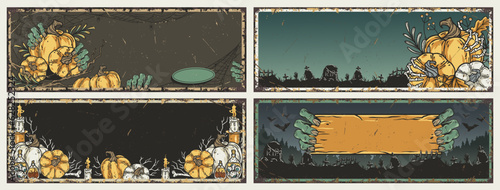 Halloween set backgrounds with wooden plaque in zombie hand, pumpkin and skull. Set of Halloween posters for october autumn banner with fear background
