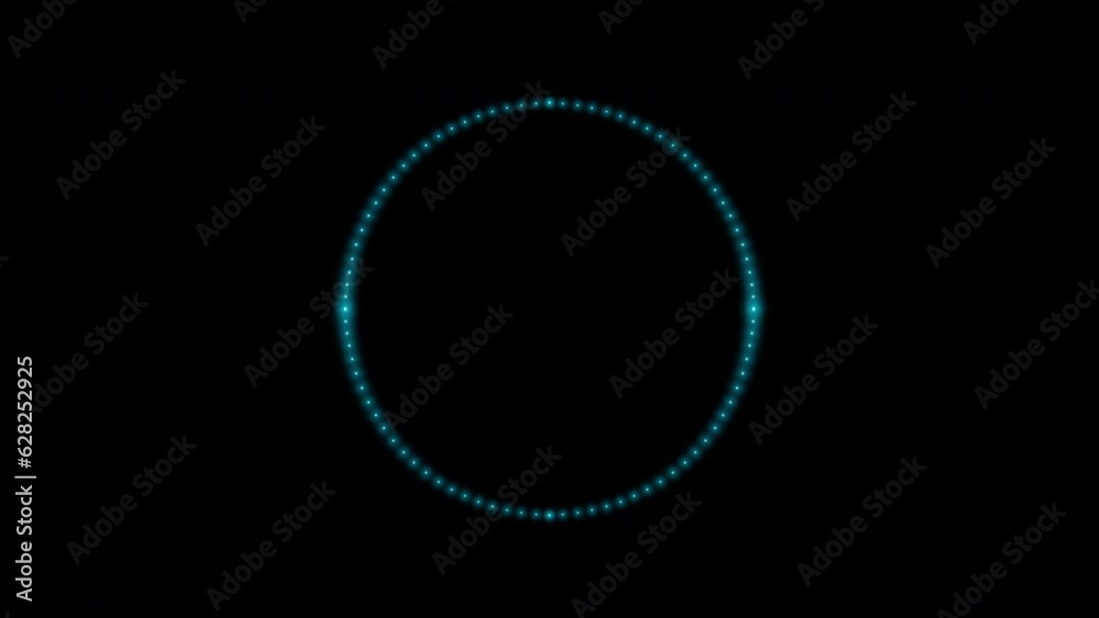 A circle of small glowing blue neon dots isolated on a black background. 4k loop video animation 60 fps. A circle of small glowing blue neon dots isolated on a black background. 4k loop video animation 60 fps.