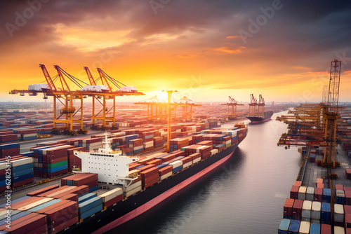 logistics and transportation of container cargo ship and cargo plane with working crane bridge in shipyard at sunrise logistic import export and transport industry background