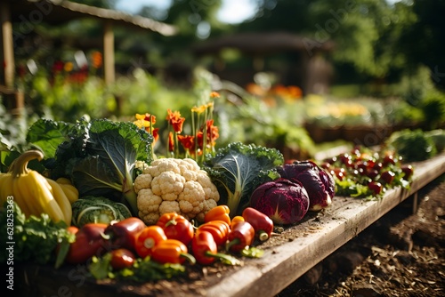 Freshly grown vegetables from an allotment garden are harvested and placed together. Natural lighting and vivid colors. Generative AI.