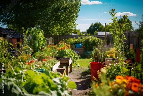 A beautiful allotment garden in the summer that's growing vegetables to eat and sell. Generative AI.