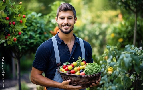 Happy young man gardener with harvested vegetables in basket in backyard, Autumn harvest concept