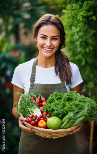 Happy young woman gardener with harvested vegetables in basket in backyard