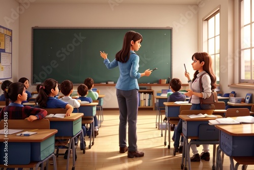 Teacher giving a lesson in the classroom, back to school concept