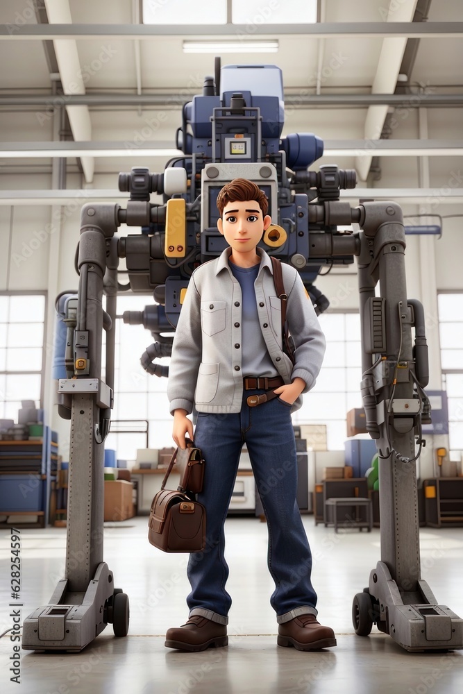 Full length shot of a young man standing in front of a robot