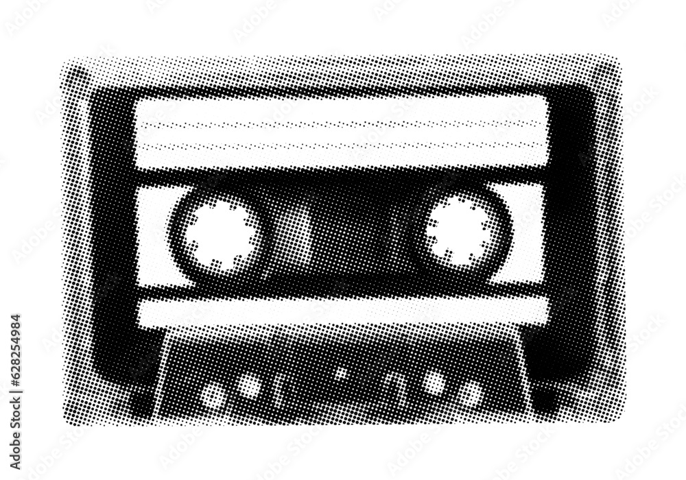 compact audio cassette tape isolated halftone effect collage element for mixed media vintage dotted texture magazine grunge punk style