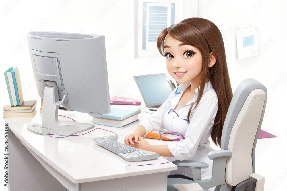 young female doctor working at the computer in the office. asian young female doctor working at the computer in the office. asian