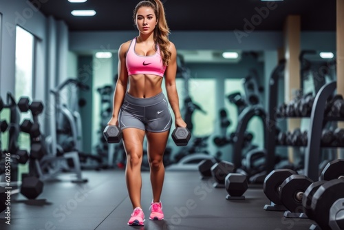 Athletic young woman doing exercises with dumbbells in the gym