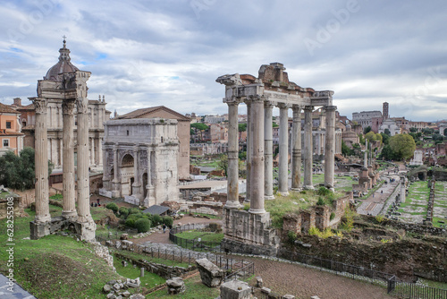 Rome, Italy - 27 Nov, 2022: The Temple of Saturn and views along the Roman Forum