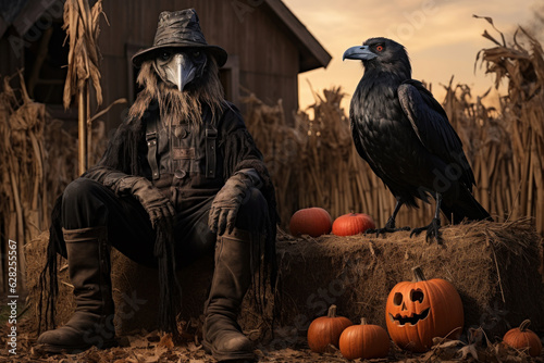  Halloween character in a mask of a raven on a village background photo