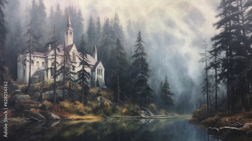 Fototapeta premium gothic mountain monastery near the lake.