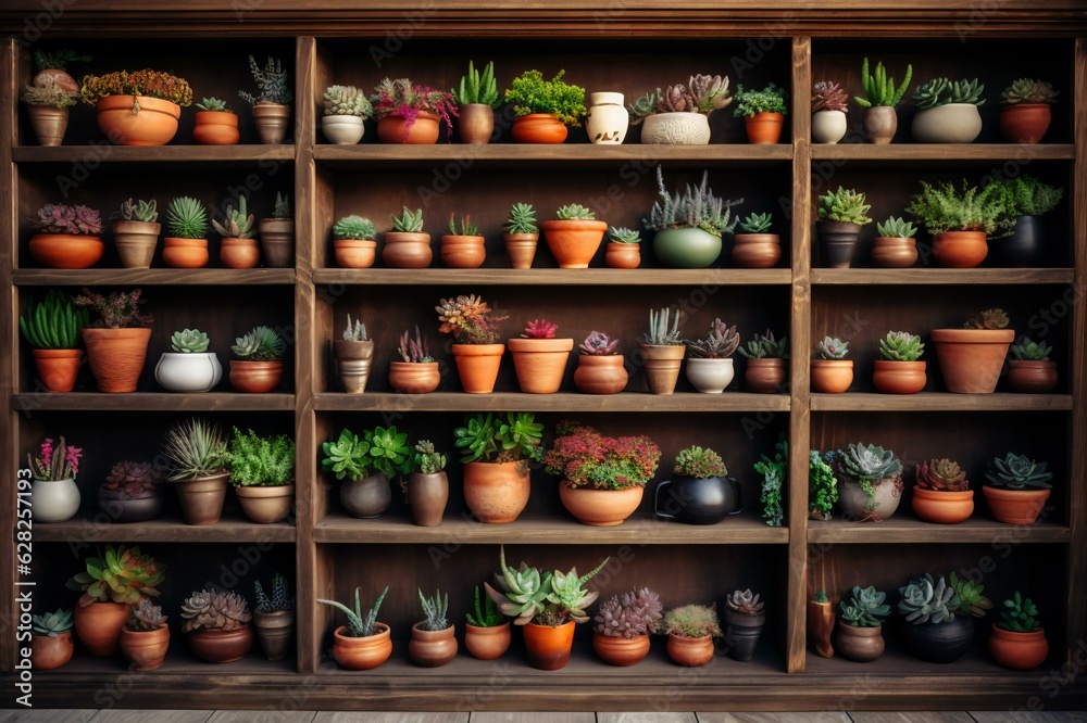 Lavish Display of Succulents on a Wooden Stand, Generative AI