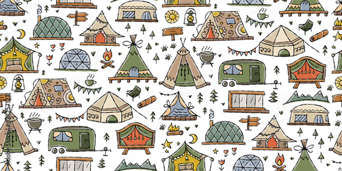 Glamping Adventures: Vector Illustration Collection for Outdoor Luxury Camping. Seamless pattern