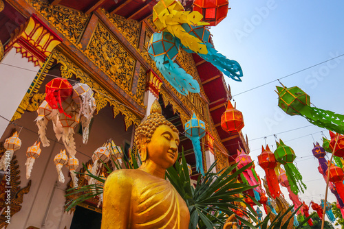 Photography Thai temple (WatThai) is decorating the lamp before the start Songkran Festival