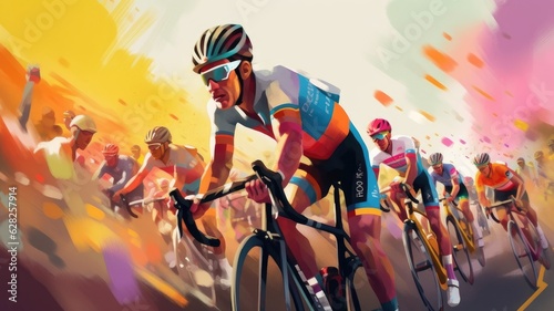 Illustrations showcase cyclists in intense races, competing in prestigious events like the Tour de France or Giro d'Italia