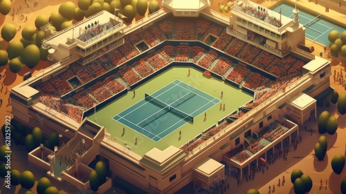 Illustrations showcase iconic tennis venues like Wimbledon or Roland Garros, capturing the prestige and history of major events