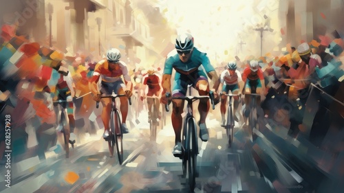 Illustrations showcase cyclists in intense races, competing in prestigious events like the Tour de France or Giro d'Italia