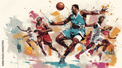 Images depict players dribbling, dunking, and shooting, showcasing the dynamic and high-energy nature of basketball