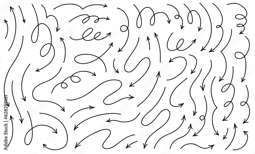 Hand drawn thin line arrows set. Big collection of vector design elements isolated on white background.