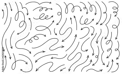 Hand drawn thin line arrows set. Big collection of vector design elements isolated on white background.