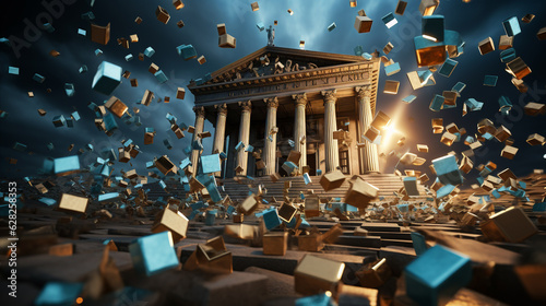 Golden British pound sign breaks an ancient bank building into halves. 3D illustration of the concept of the impact and crisis of falling price of UK sterling Generative AI © Nataliia