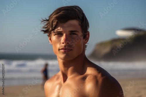 a close-up photo portrait of a handsome attractive athletic muscular american caucasian shirtless guy at ocean and beach blurry in the background. ready for swimming. Generative AI photo