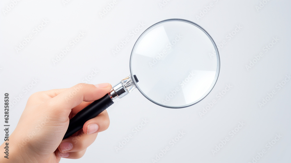 The hand holds a magnifier on isolated white Generative AI The hand holds a magnifier on isolated white Generative AI