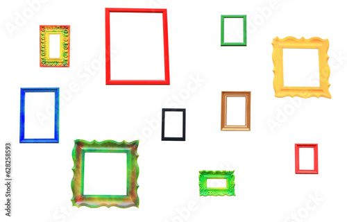 Empty multicolored photo frames isolated on transparent background. Different painted photoframes cutout