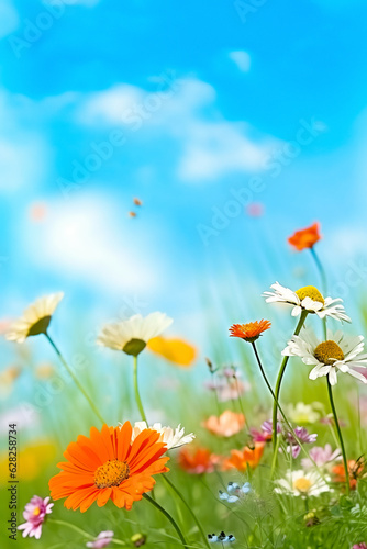 Flower arrangement of wildflowers against a blue sky with copy space. Template greeting card base design. Floral banner, poster.