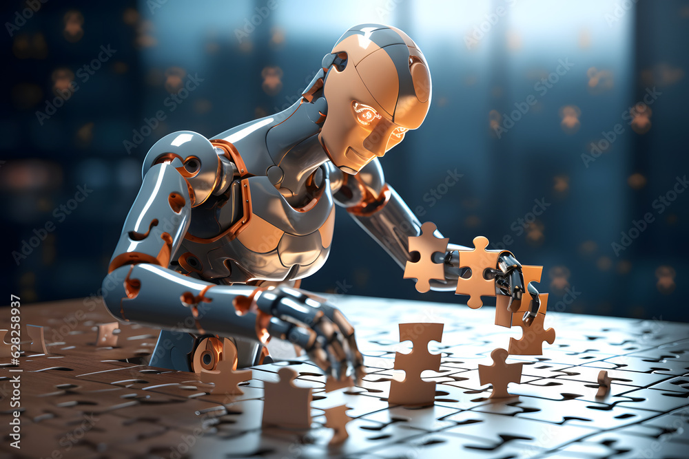 Finance Unscrambled: AI Robot Deciphering Dollar Puzzles - obrazy, fototapety, plakaty 