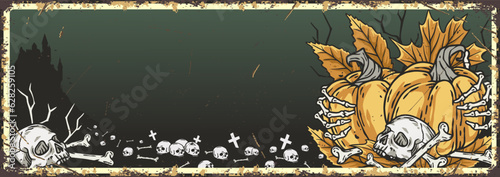 Halloween poster with pumpkin and skeleton hand. Fear, horror and spooky symbol for design dark party of happy halloween