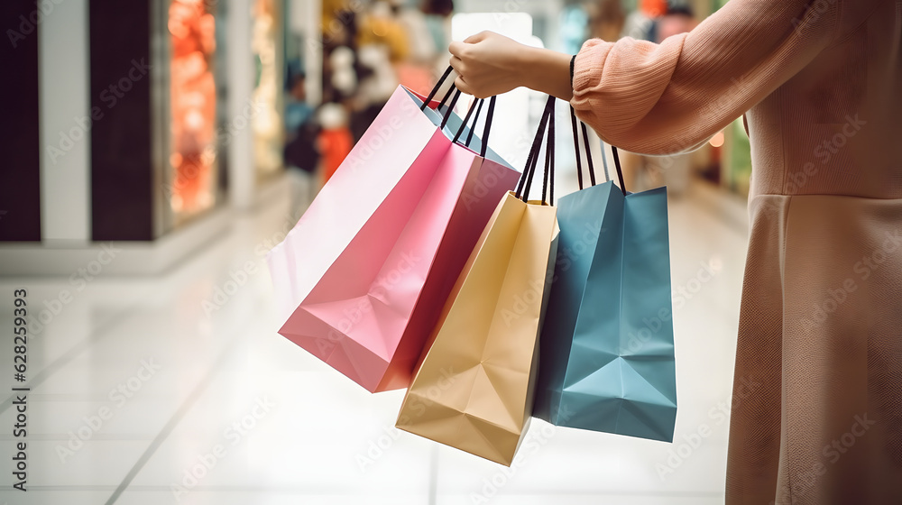 Shopping bags of women crazy shopaholic person at shopping mall.colorful paper shopping bags.