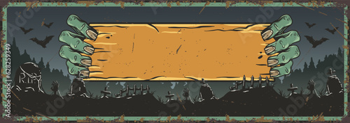 Halloween poster with zombie with wooden plaque in hands, pumpkins for october autumn scary banner and mystery night