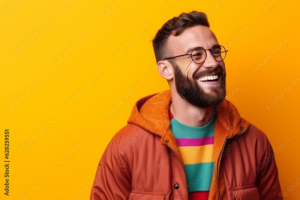 Happy Adult Man with glasses Smiling in Yellow Background. Generative AI Happy Adult Man with glasses Smiling in Yellow Background. Generative AI