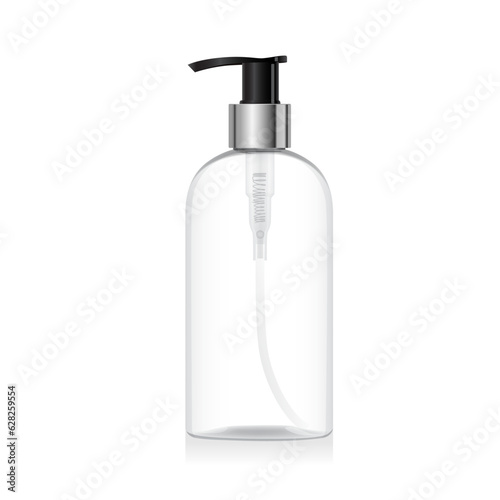 Blank clear glass bottle mockup with silver pump isolated on white background. Transparent plastic packaging. Shampoo, sanitizer or liquid soap dispenser. 3d vector cosmetic bottle mockup template.