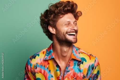 Handsome Man with stylish shirt Smiling against colorful background. Generative AI
