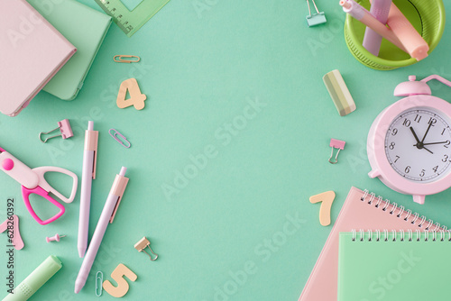 Engage with the educational process. Top view photo of educational tools, pink alarm clock, colorful numbers on pastel turquoise background with blank space for advert or text