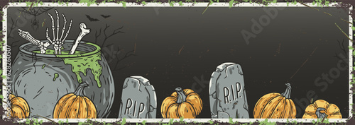Halloween poster with skeleton in cauldron, pumpkins. Bones of undead and skeleton. Fear and spooky design for dark party of happy halloween