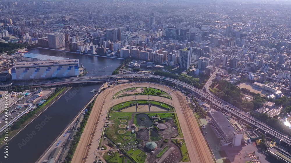 着陸態勢の飛行機からの大井競馬場上空1