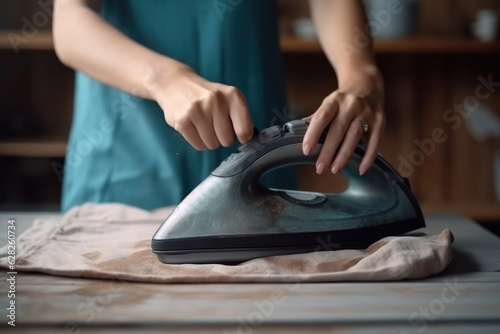 Girl hand using iron for wrinkled clothes