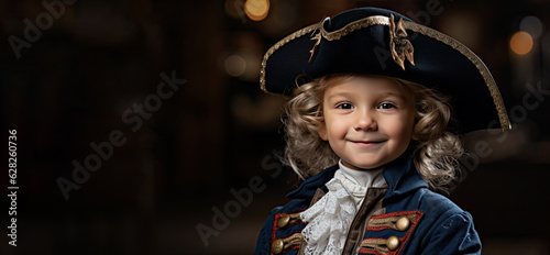 little boy in costume of American revolution war soldier. 4 july independence day of USA concept. photo