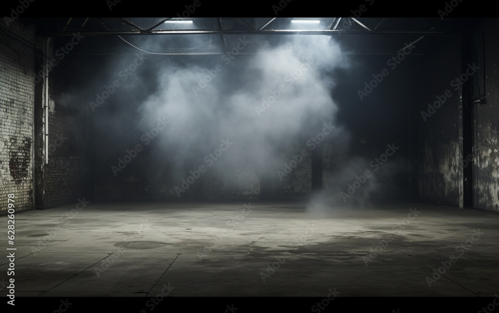 An empty studio with a cement floor, with floodlights above and smoke in the background An empty studio with a cement floor, with floodlights above and smoke in the background