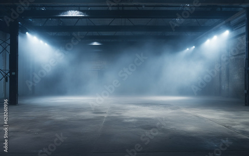 An empty studio with a cement floor, with floodlights above and smoke in the background © MUS_GRAPHIC