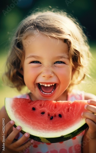 Happy child is eating watermelon. Generative AI